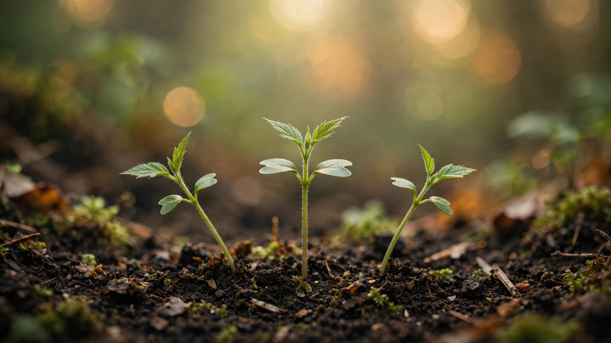 Three seedlings growing side by side in rich dark soil with soft morning light filtering through forest canopy