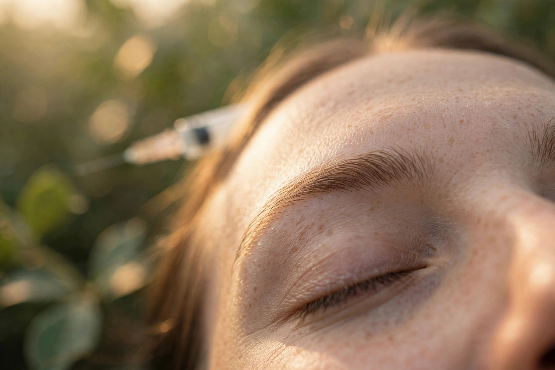 Close-up of a relaxed forehead and closed eye in warm golden morning light, a syringe softly blurred near the brow, green foliage bokeh behind, earthy greens and warm cream tones, nature magazine style