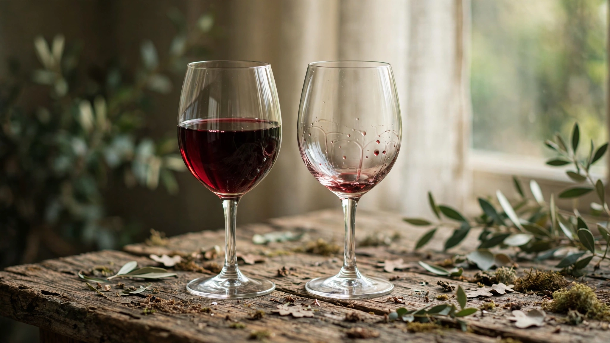 Two wine glasses on a weathered oak table in soft diffused window light, one filled with deep ruby wine and one nearly empty
