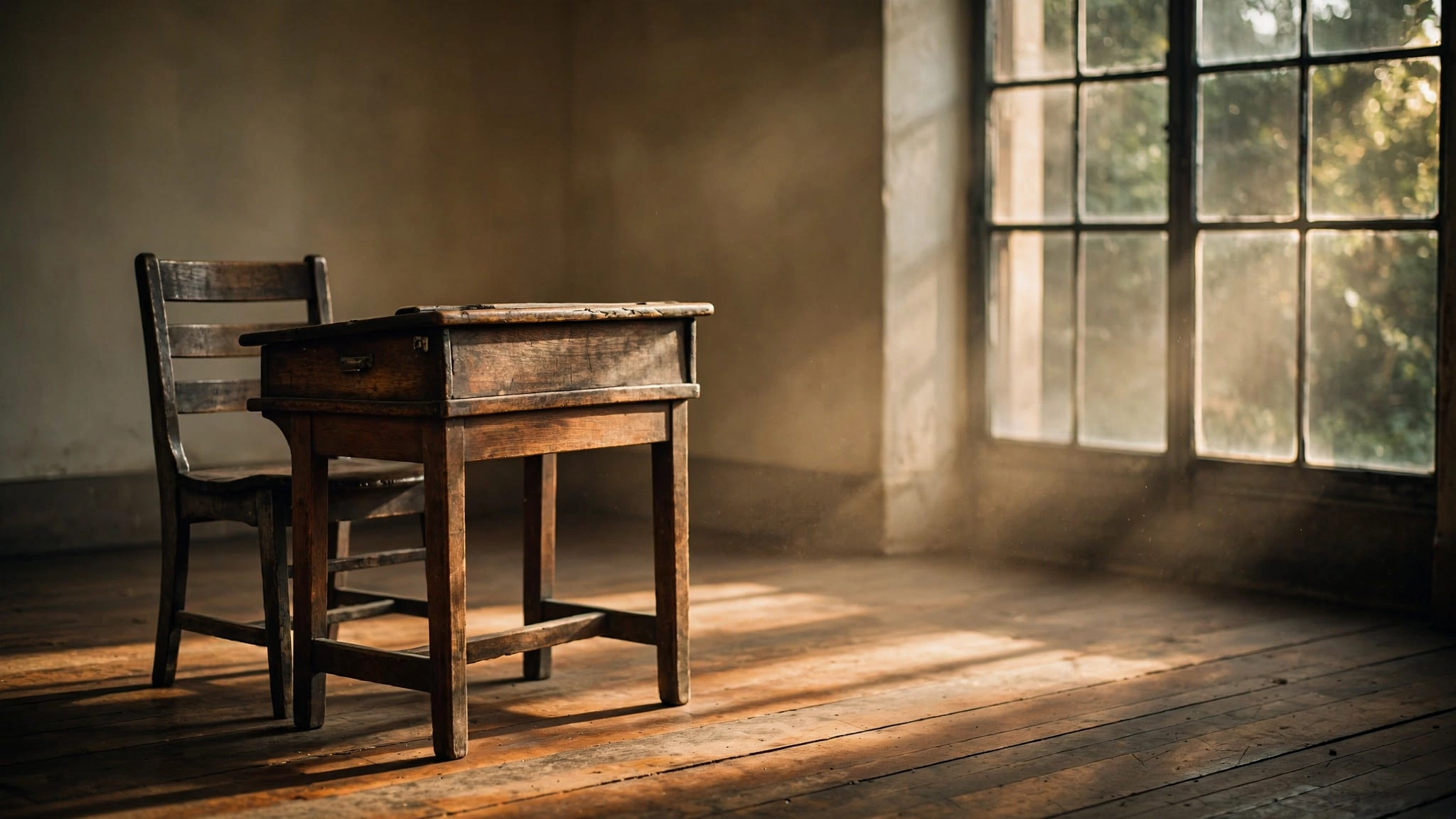 A weathered wooden school chair in warm afternoon light