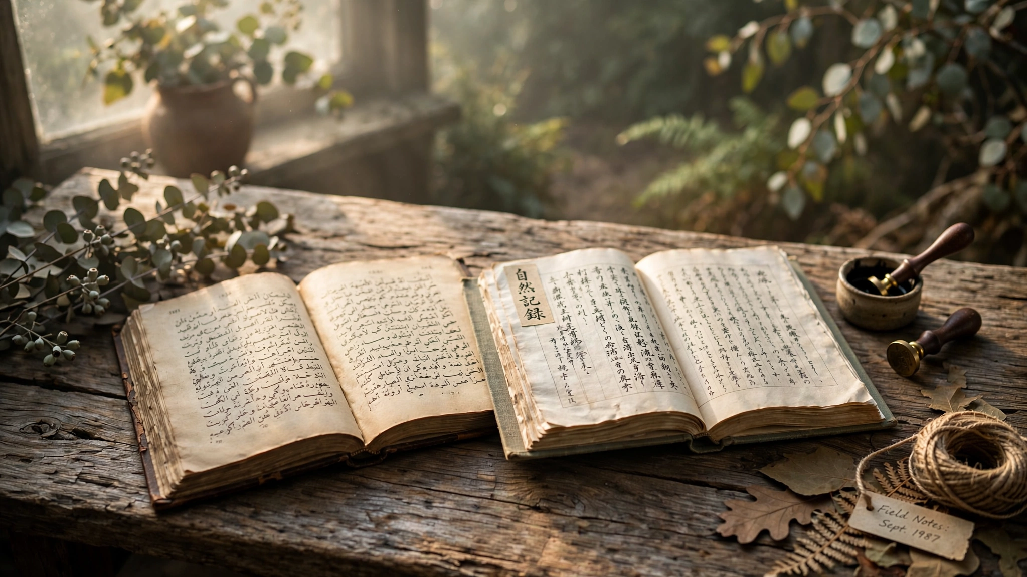 Two open books with different scripts resting side by side on a weathered oak desk in soft warm morning light