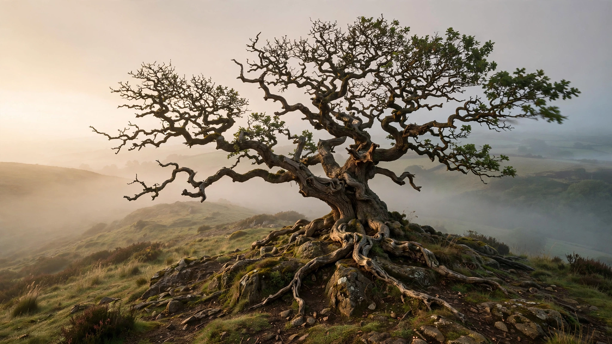 Ancient gnarled oak tree standing alone on a windswept hill at dawn, deep roots gripping rocky soil, soft mist, warm cream light, earthy green tones, nature magazine style