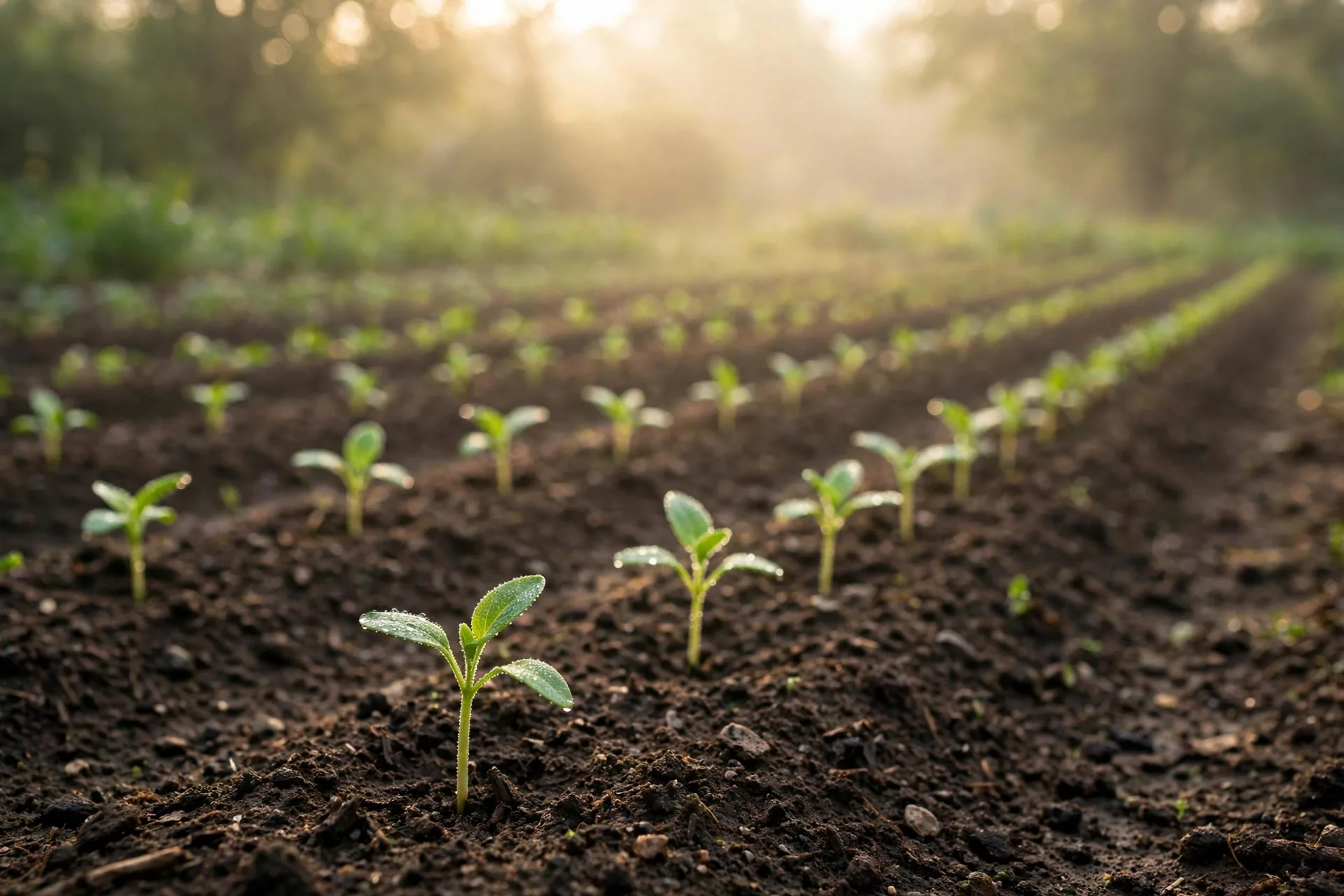 Rows of young green seedlings sprouting from dark soil at dawn, one barely taller than the rest, warm cream light, earthy green tones, nature magazine style