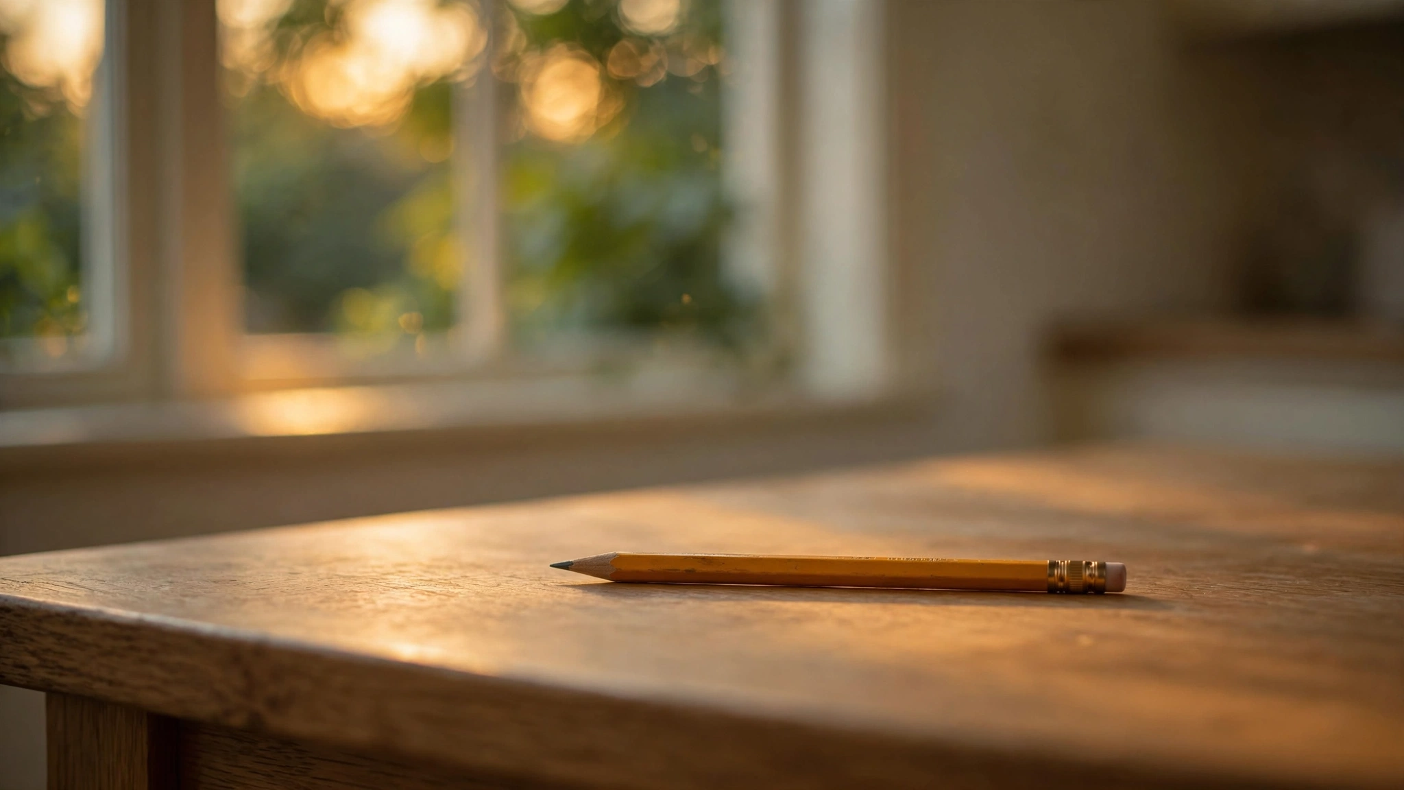 A single pencil resting on an empty wooden kitchen table bathed in warm evening light
