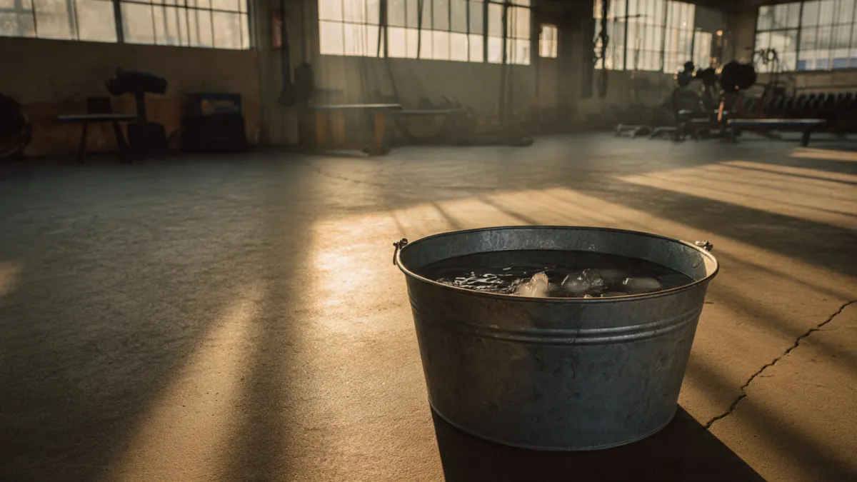 A solitary metal tub of ice water in a gymnasium with warm morning light streaming through high windows