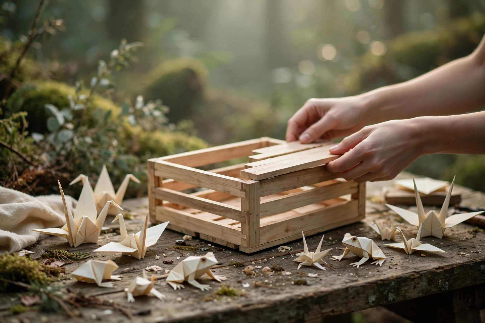 Weathered workbench in soft morning light with unfinished wooden storage box, hands assembling, folded cream origami cranes, warm forest greens and cream tones