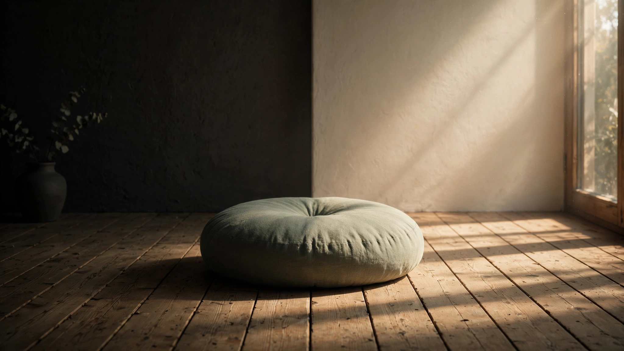 A meditation cushion sitting on the boundary between warm light and deep shadow in a minimalist room