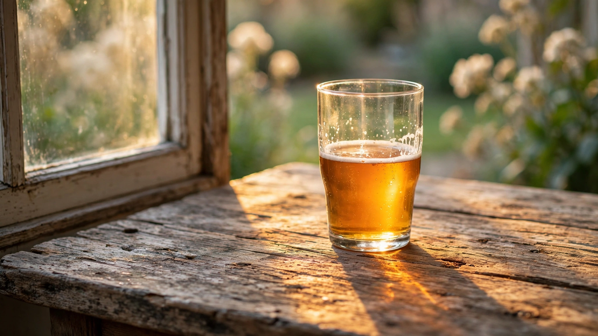 A single amber glass of beer on a weathered oak table, backlit by warm golden evening light streaming through a window, with soft bokeh and earthy warm tones