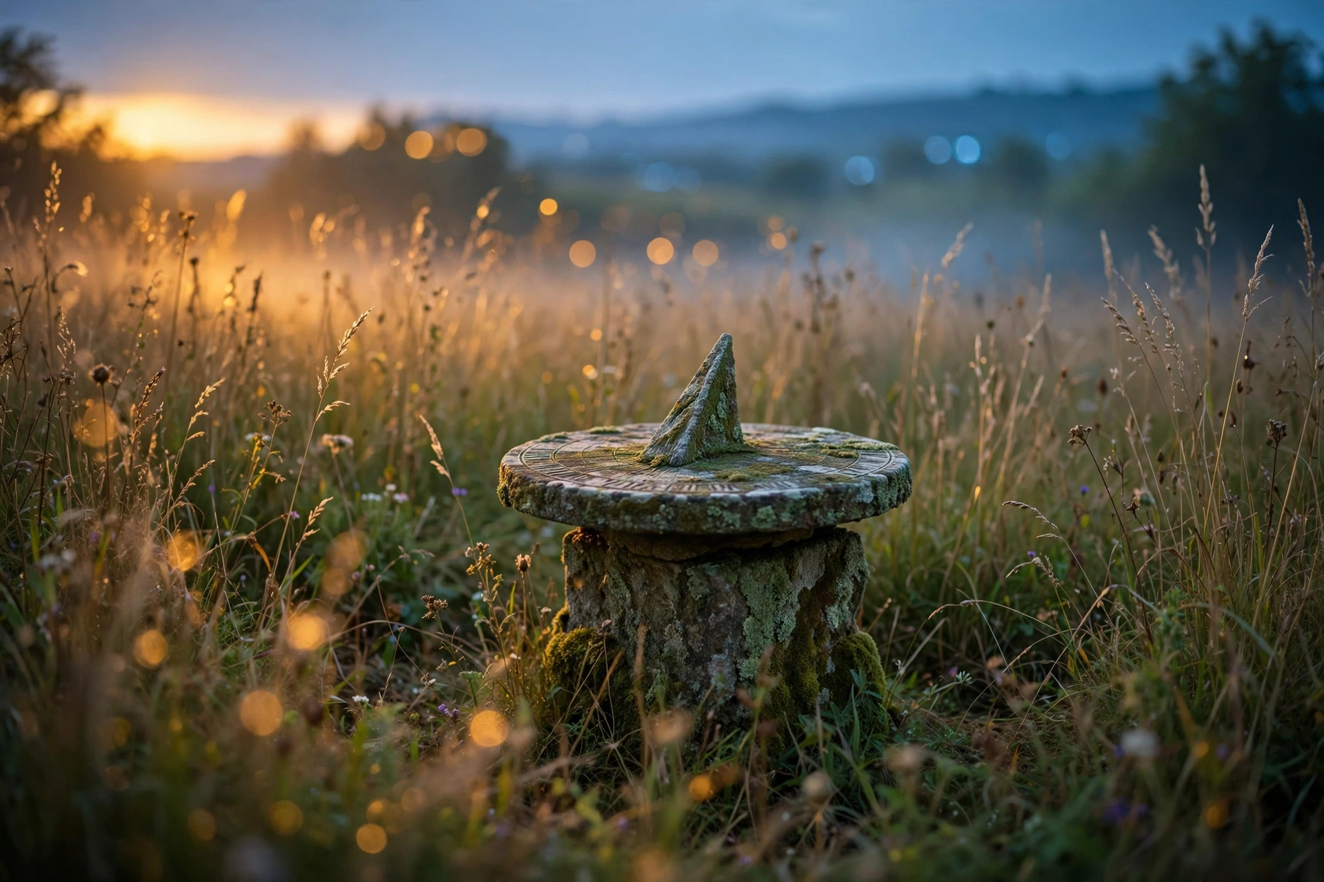 A weathered sundial in a meadow at dusk, warm amber light from the setting sun mixing with cool blue twilight on the horizon, surrounded by wild grasses in earthy greens and golds