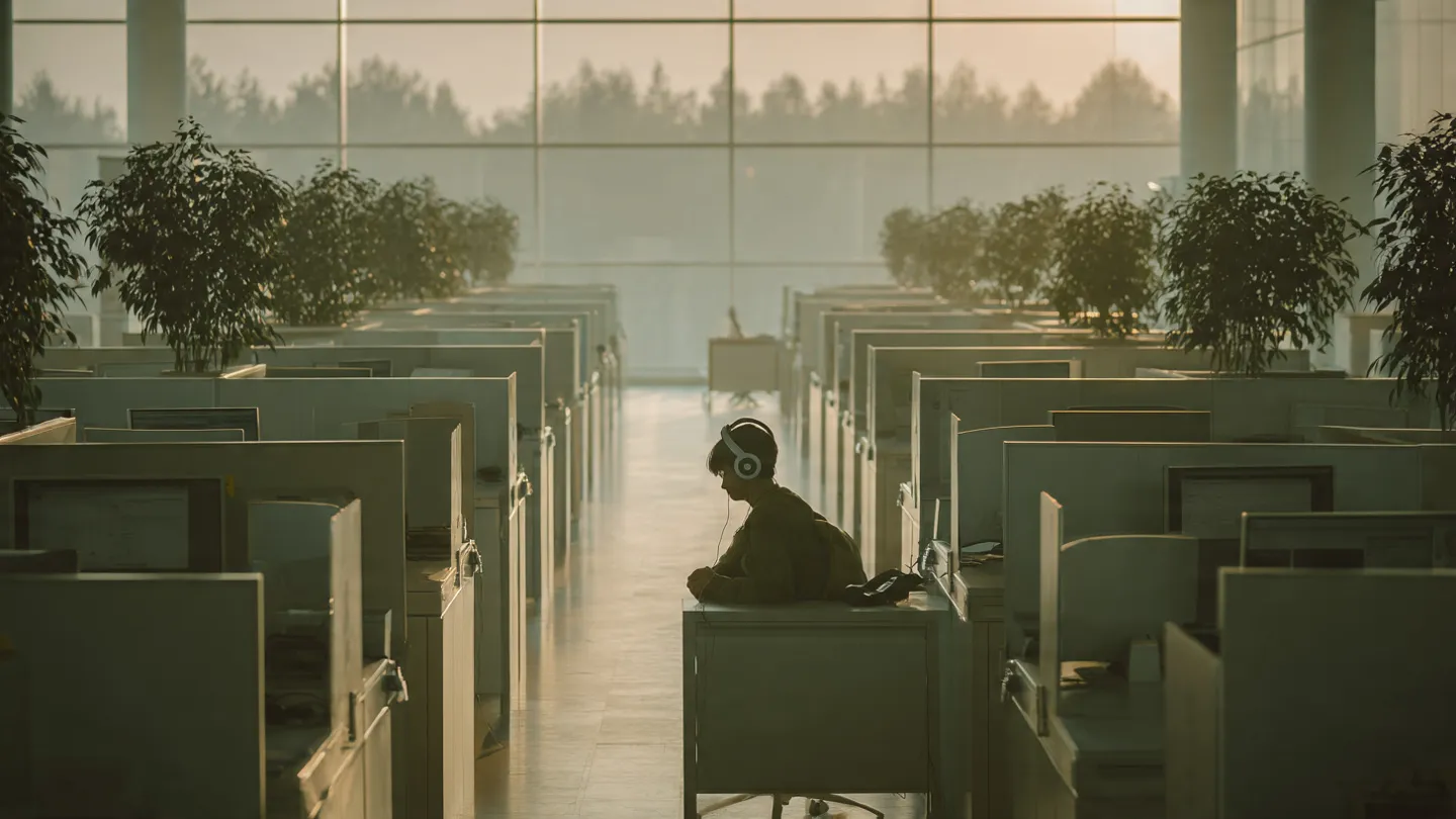 Empty open office floor with lone figure wearing headphones