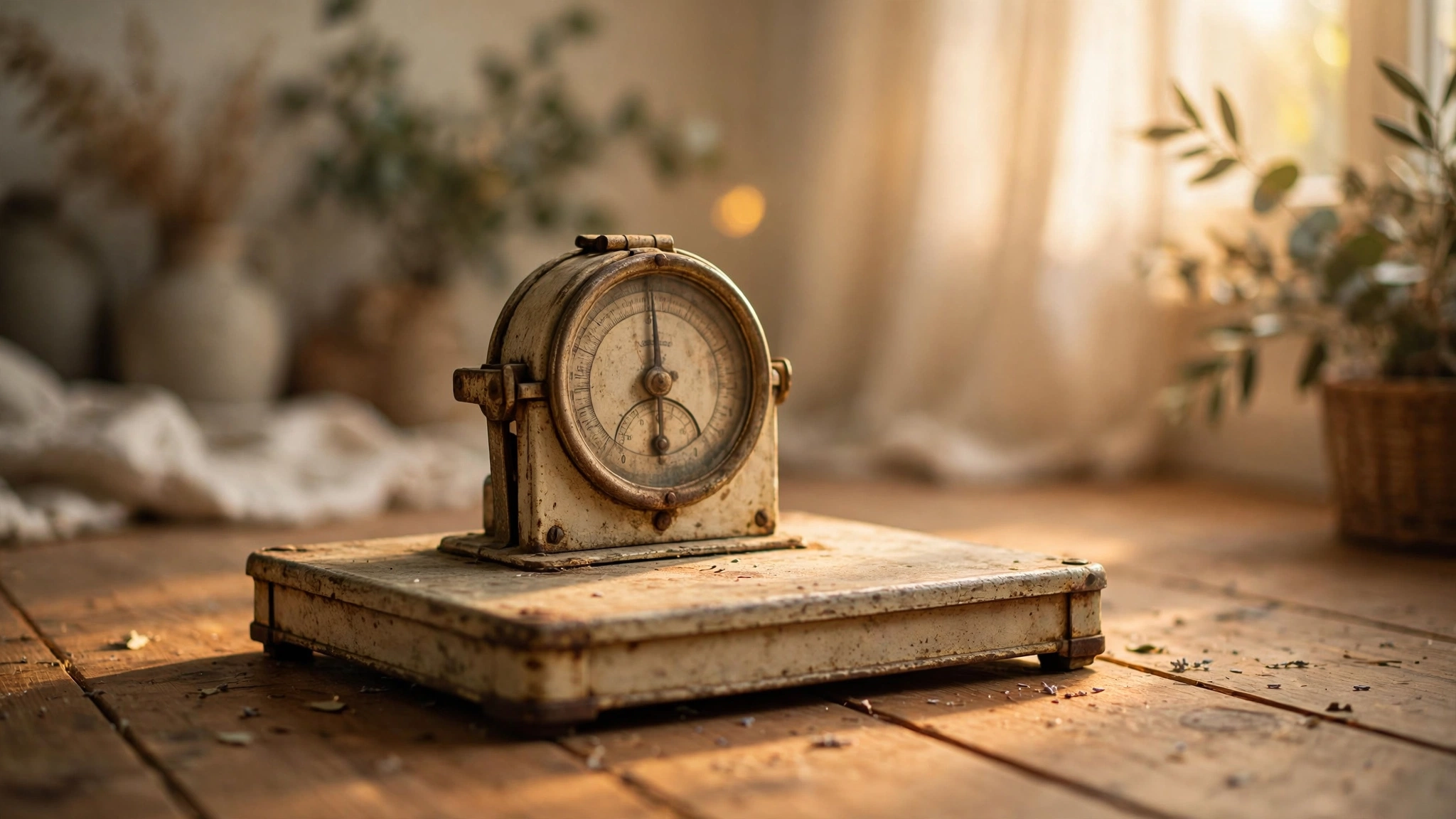 A weathered bathroom scale resting on warm wooden floorboards in soft morning light