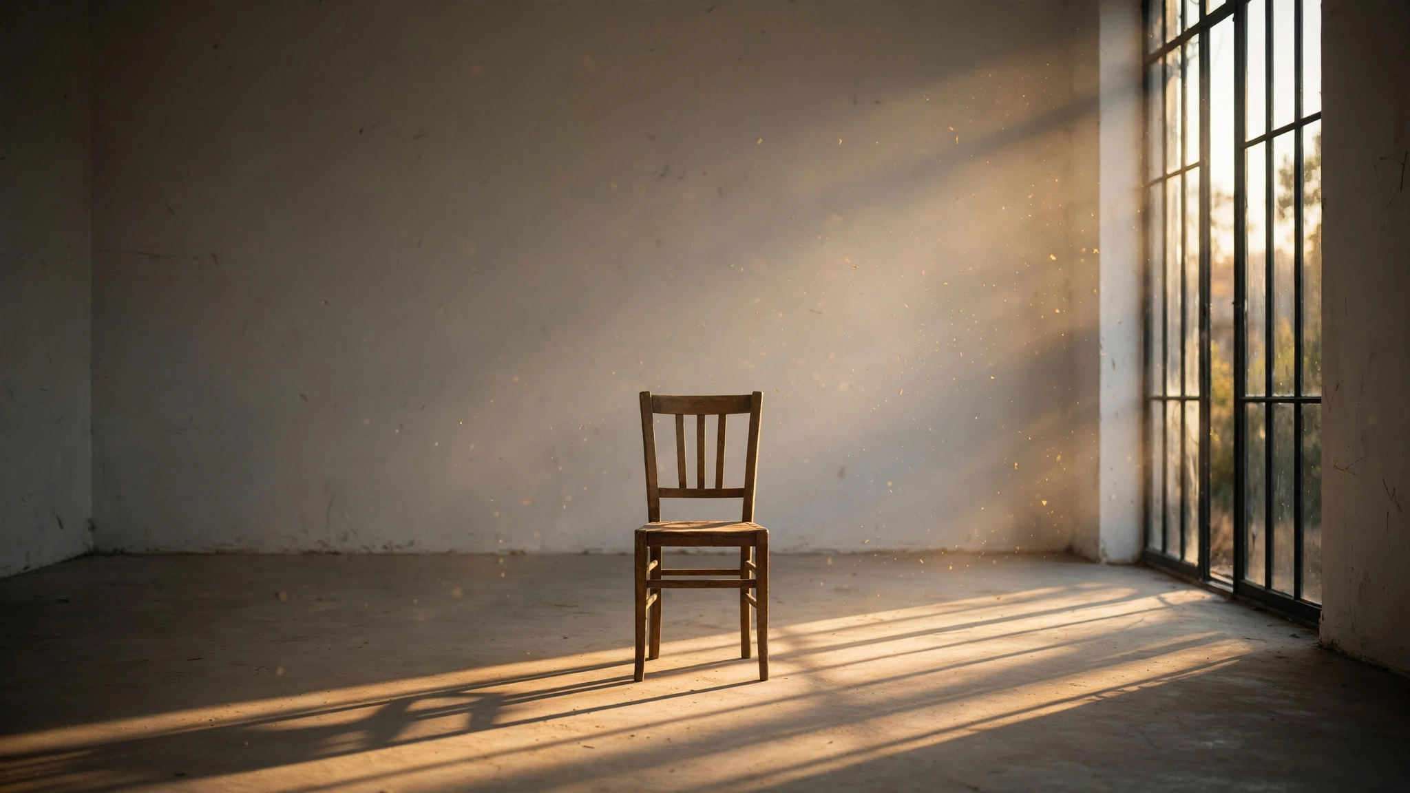 An empty wooden chair in a spare room bathed in warm afternoon light from a single tall window