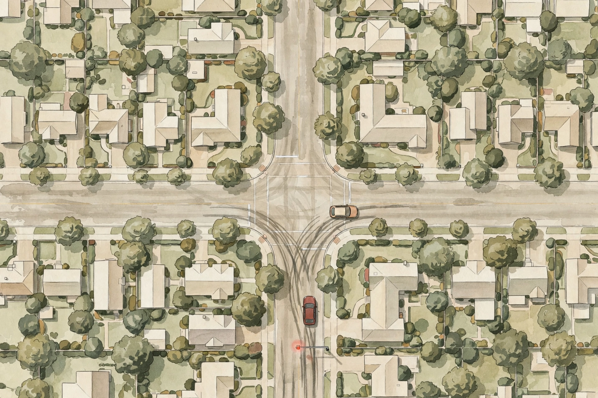 Aerial view of a suburban intersection at a red light: one car braking hard while another runs the light