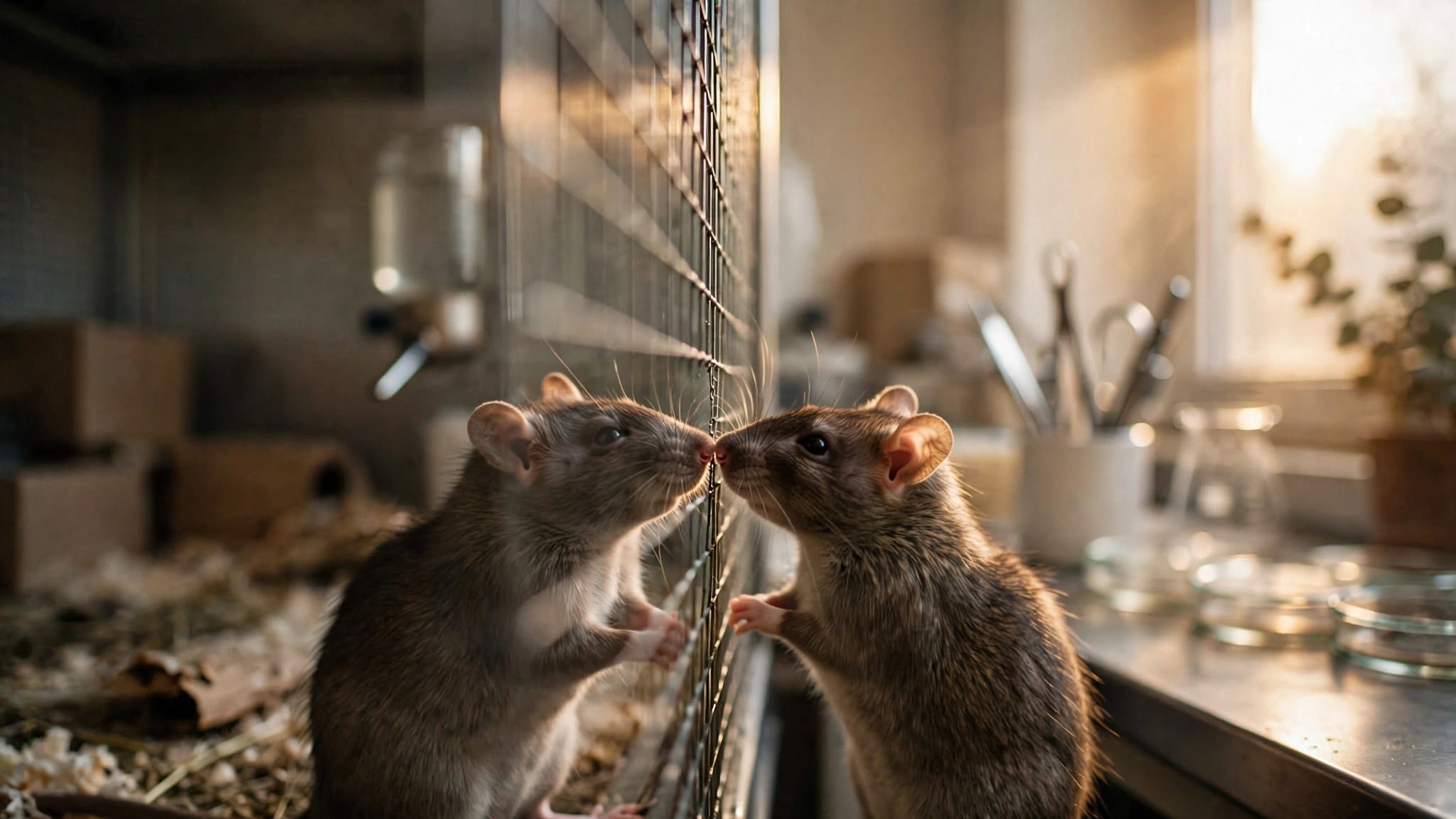 Two rats touching noses through a wire mesh divider in warm laboratory light