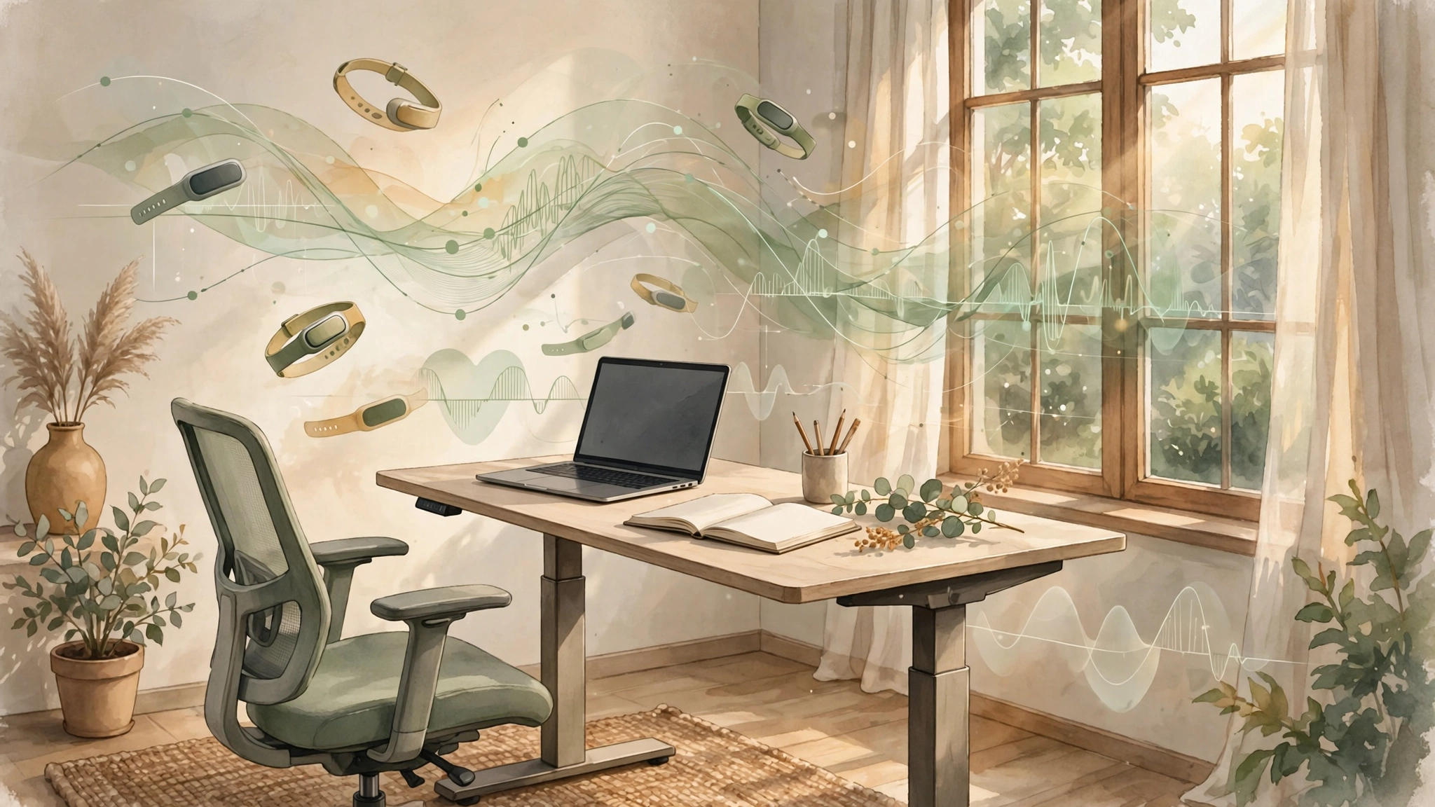 Watercolor-style illustration of a raised standing desk with laptop and notebook, an office chair beside it, floating wrist accelerometer bands and data curves in sage green and warm cream tones