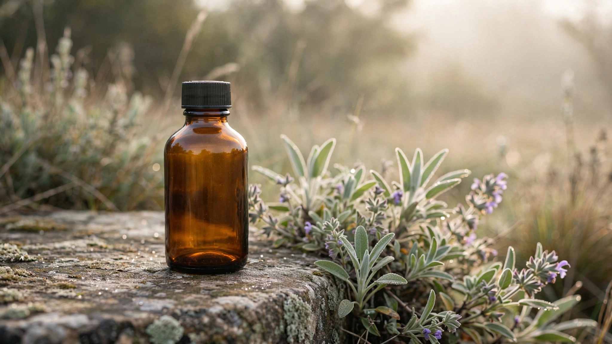 An amber glass medicine bottle resting on weathered stone beside wild sage in soft morning light