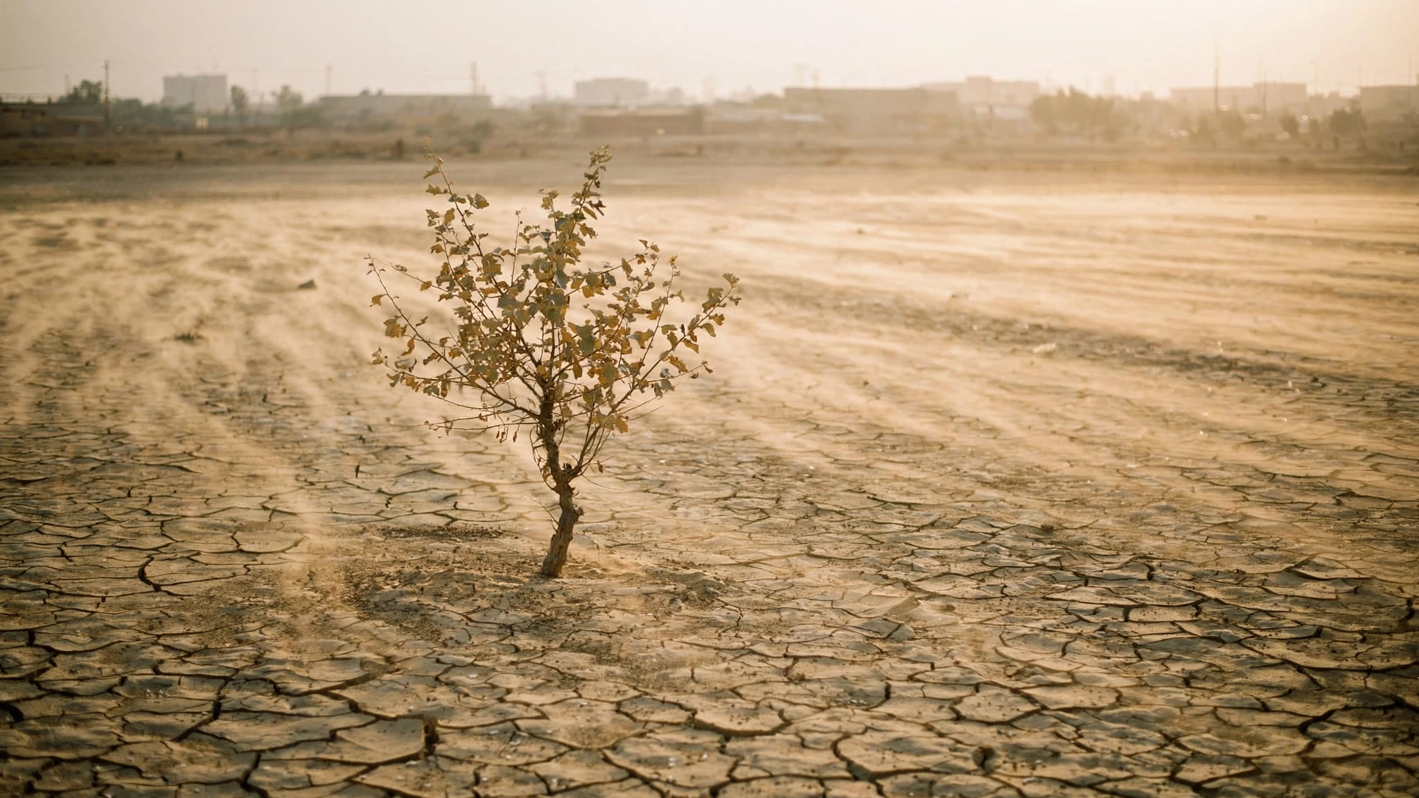 A lone young tree with sparse leaves standing in cracked, sunbaked earth under a pale, hazy sky