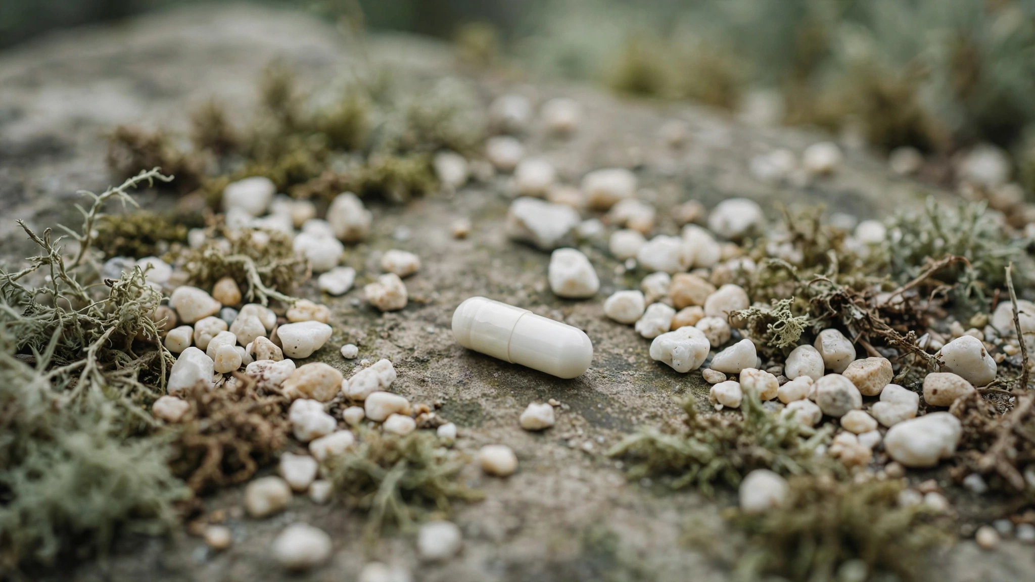 A single vitamin D capsule resting on weathered stone